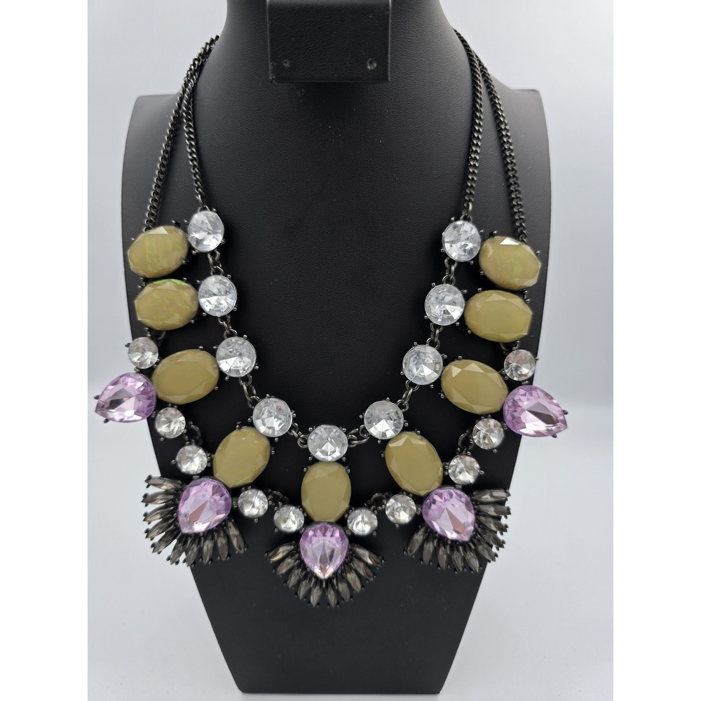 Statement Bib Necklace Multi-Color Rhinestone & Cabochon Fashion Jewelry - Picture 2 of 16